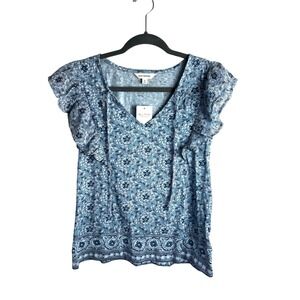 Lucky Brand Floral Flutter Sleeve Top Blouse Size Small Tie Neck‎ Blue Gray NEW